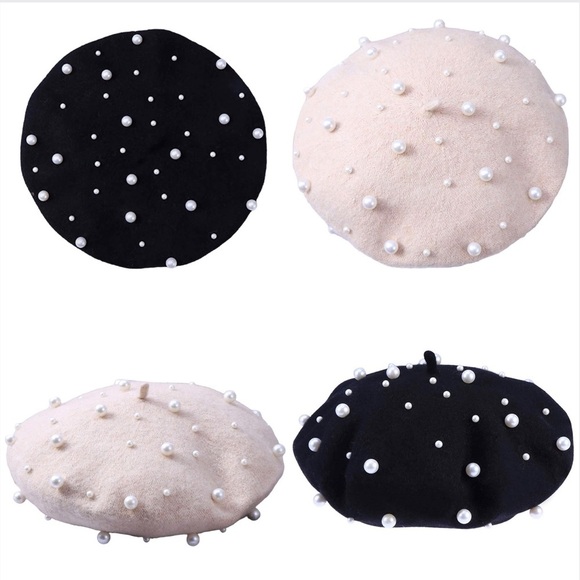 Cashmere Beret (Beaded) in Ivory or Black with White Simulated Pearls main image 14